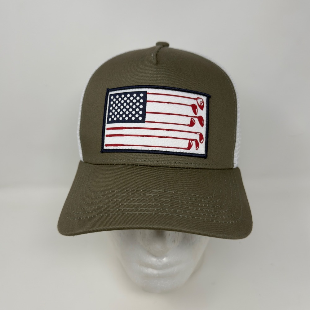 Madson Golf American Flag Golf Club Patch Trucker Hat Olive Green White Snapback
